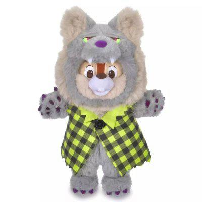 Front view of the Chip Disney Halloween hand puppet in a gray wolf costume with a yellow-green checkered vest.
