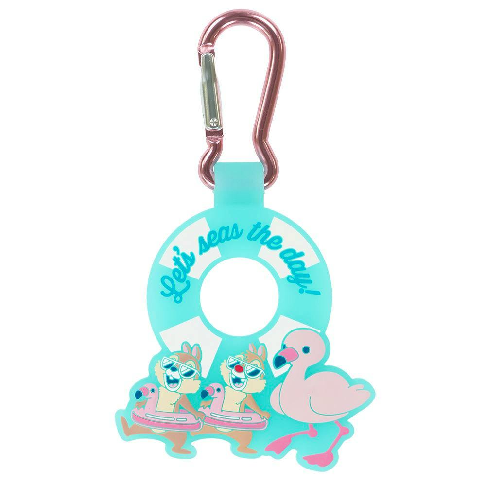 A turquoise lifebuoy-shaped bottle holder with a pink metal carabiner, printed with Chip and Dale characters and a flamingo motif.