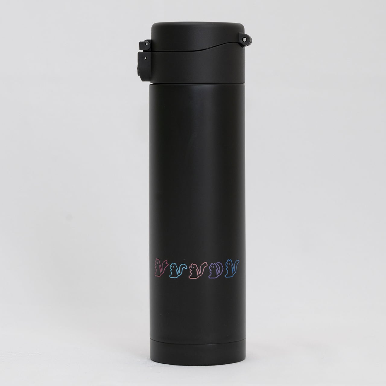Smoke-black stainless steel 430ml push thermo bottle with chipmunk character design shown upright.