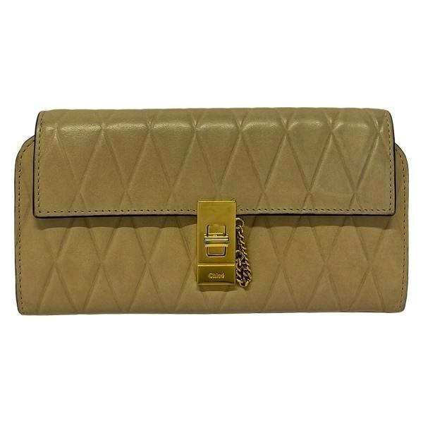 Front view of a beige Chloe Drew long leather wallet with diamond-quilted pattern and a gold-tone clasp.