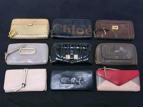 Nine Chloe wallets arranged in a 3x3 grid on a black background.