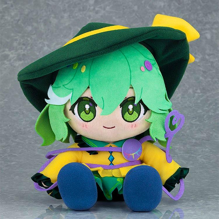 Front view of a green-haired plush toy from the listing wearing a green hat and yellow outfit.
