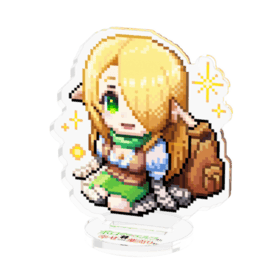Acrylic decorative stand featuring a pixel-art blonde character seated on a clear round base.