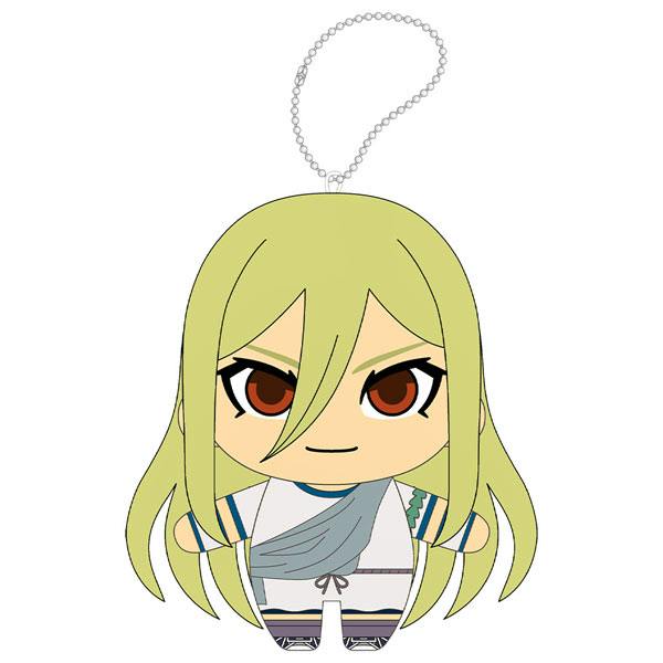 Front-view illustration of the Kei plush keychain from Blue Archive, showing the character with long pale green hair, large brown eyes, and an attached ball chain.
