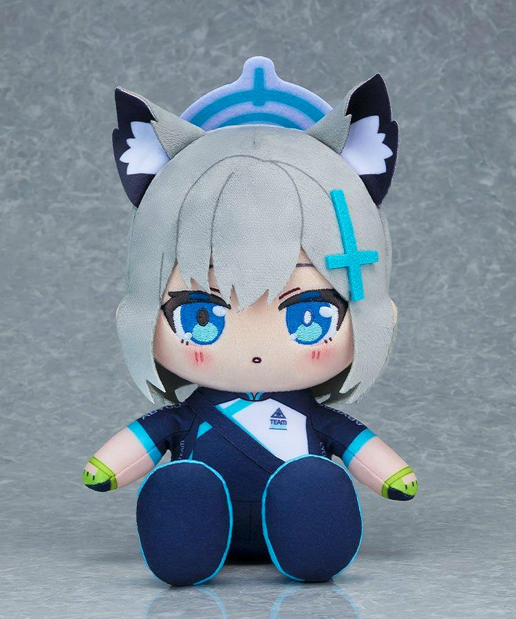 Front view of the Shiroko plush toy (riding) showing gray hair, blue eyes, and a navy outfit.