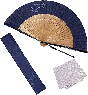 Blue Osaka Choseido men's folding fan with wooden ribs, shown open with a matching fabric bag and handkerchiefs, featuring a left-facing horse parent-and-child motif.