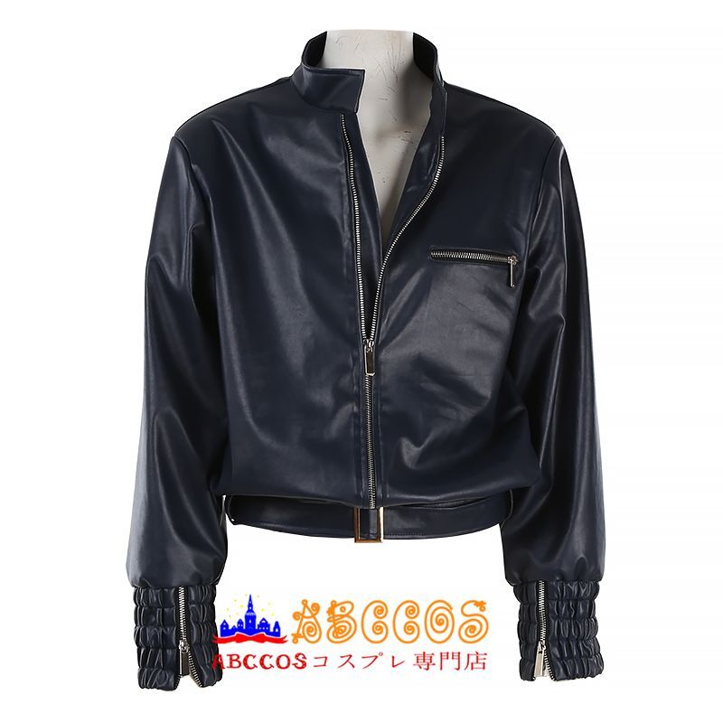 Front view of a men's synthetic leather cosplay jacket on a mannequin with a front zipper, chest zip pocket, and ruched cuffs.