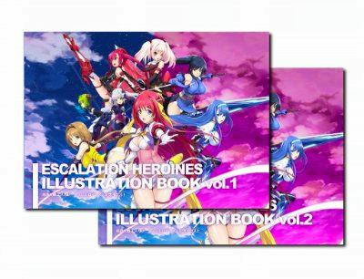 Two overlapping illustration book covers (vol.1 and vol.2) for the Escalation Heroines illustration book set showing multiple characters against a purple sky.