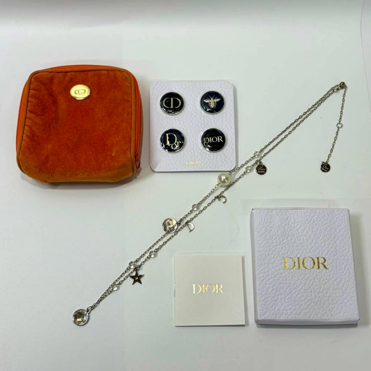 Laid-out Christian Dior accessories including a silver-color necklace with charms, an orange pouch, badge set on a card, and a Dior box.