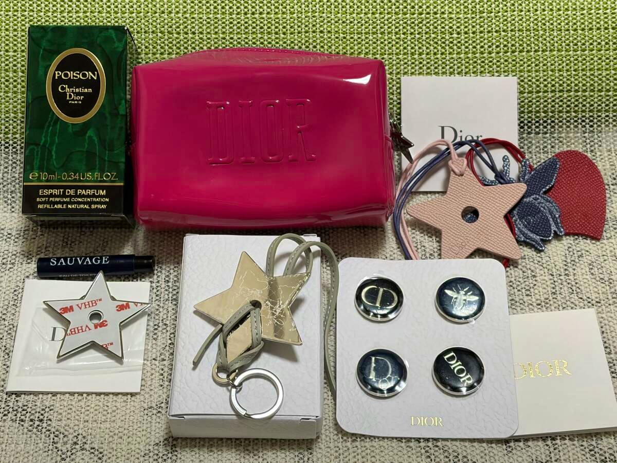 Group of Christian Dior items arranged on a surface, including a pink Dior pouch, a Poison perfume box, star-shaped bag charms, and a card with four round Dior earrings.