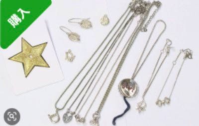 Several silver-colored necklaces, earrings, and charms laid out on a white background.