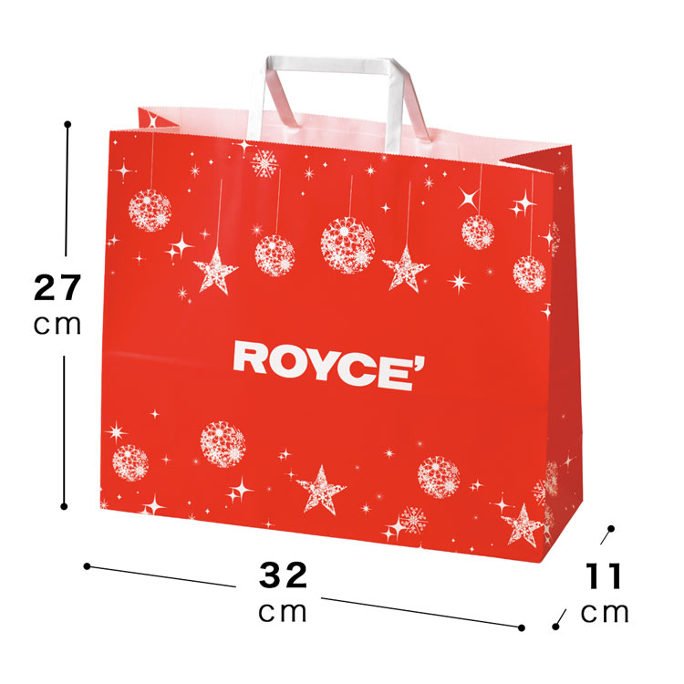 Red Christmas-themed paper shopping bag with white handles and a ROYCE' logo, dimensions labeled 27×32×11 cm.