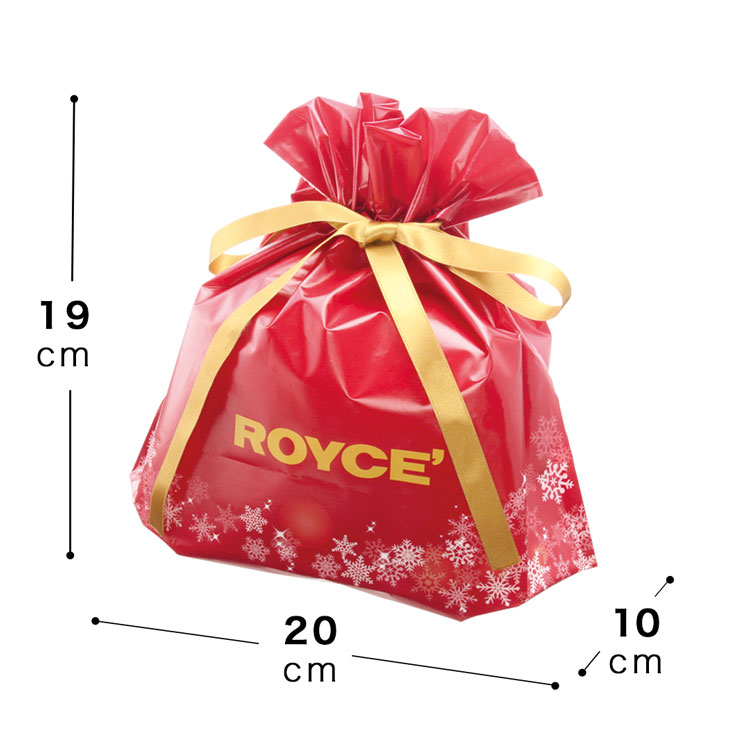 Red Christmas poly bag with a gold ribbon, snowflake pattern, and the word "ROYCE'", shown with dimensions.