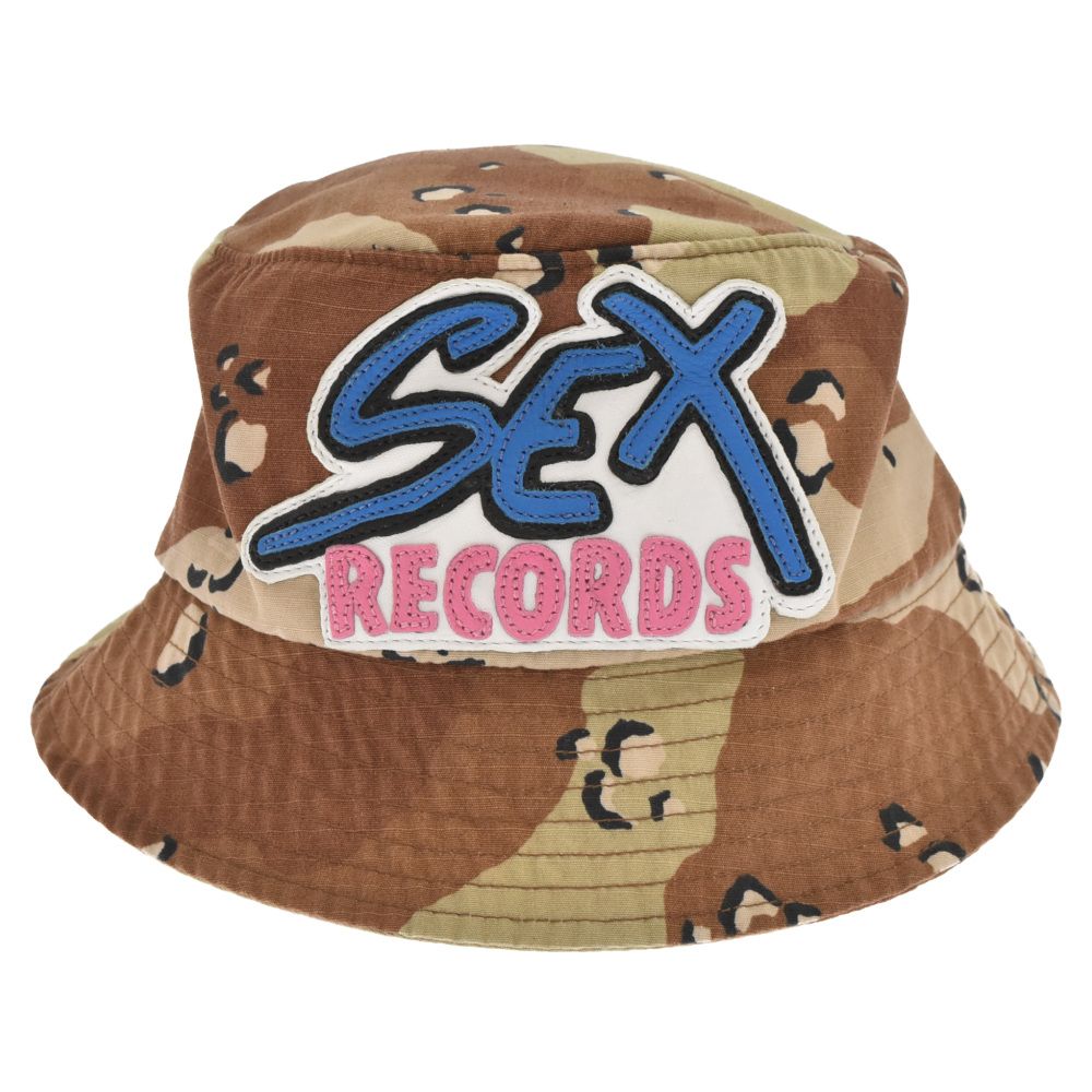 Brown chocochip camouflage cotton bucket hat with a large 'SEX RECORDS' patch on the front.
