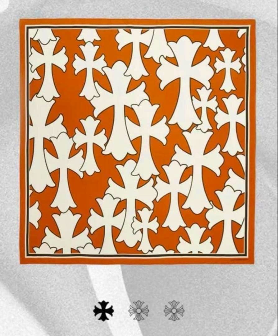 Silk scarf showing a square orange field with repeated white cross motifs and an orange-bordered frame.