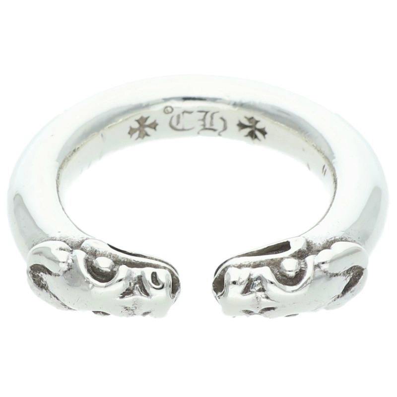 Close-up photo of the Chrome Hearts silver ring shown from the front with open ends and interior hallmarks visible.