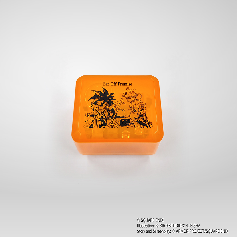 Orange translucent rectangular music box showing printed Crono and Marle artwork and the text "Far Off Promise."