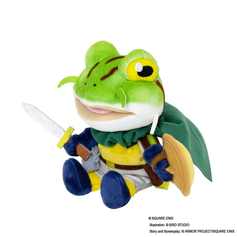 Plush toy of Frog from Chrono Trigger wearing a green cape and holding a sword and shield, shown seated on a white background.