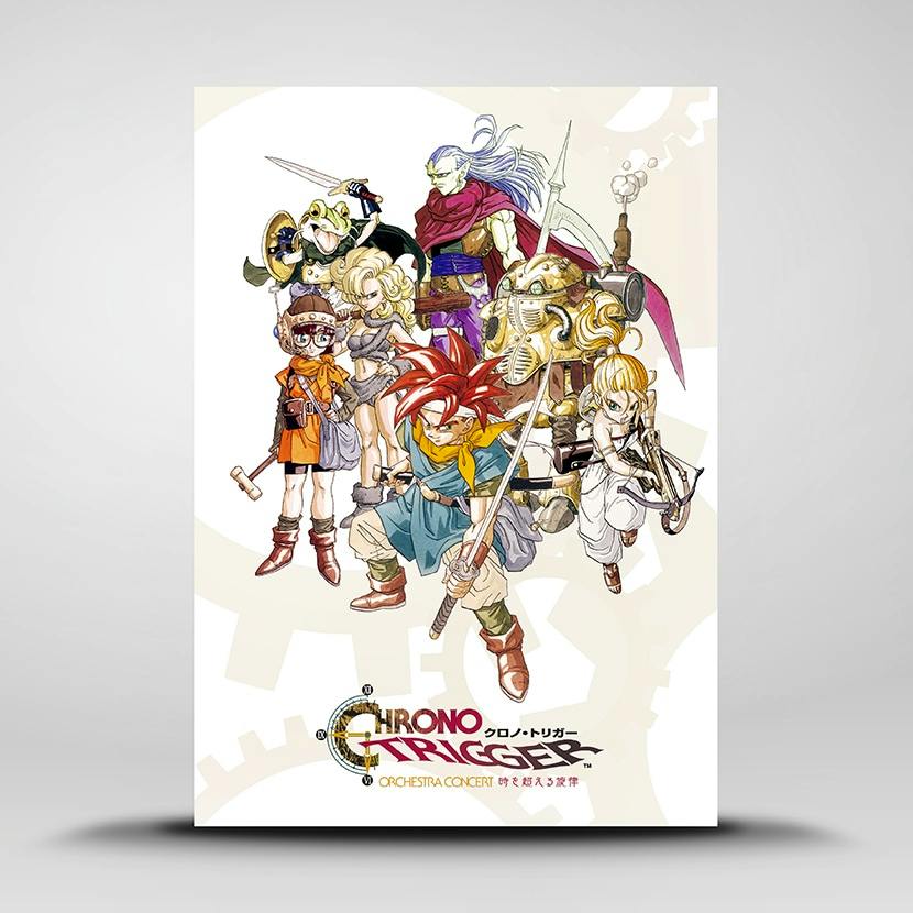 Printed art board showing Chrono Trigger character illustration with the Chrono Trigger Orchestra concert logo on a light background.