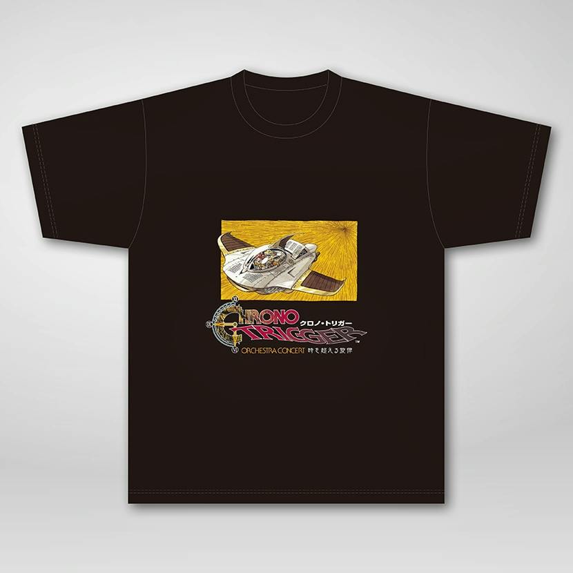 Front view of a black men's cotton T-shirt showing a centered Chrono Trigger orchestra concert graphic with a flying vehicle illustration and logo.