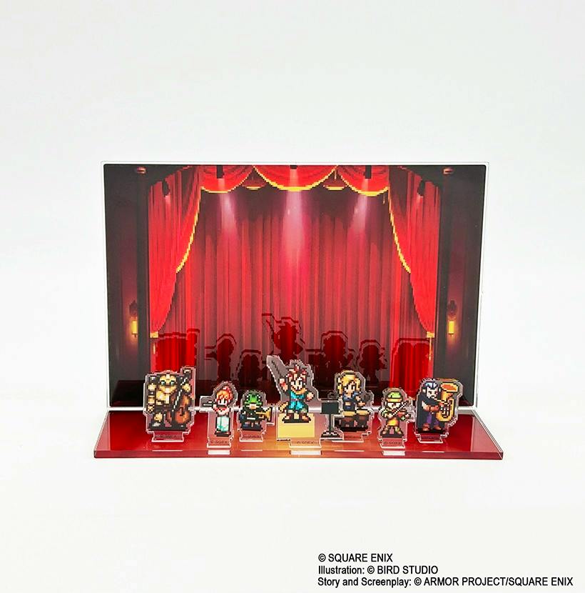 Assembled CHRONO TRIGGER Orchestral Arrangement acrylic diorama with pixel-art character stands arranged on a red stage backdrop.