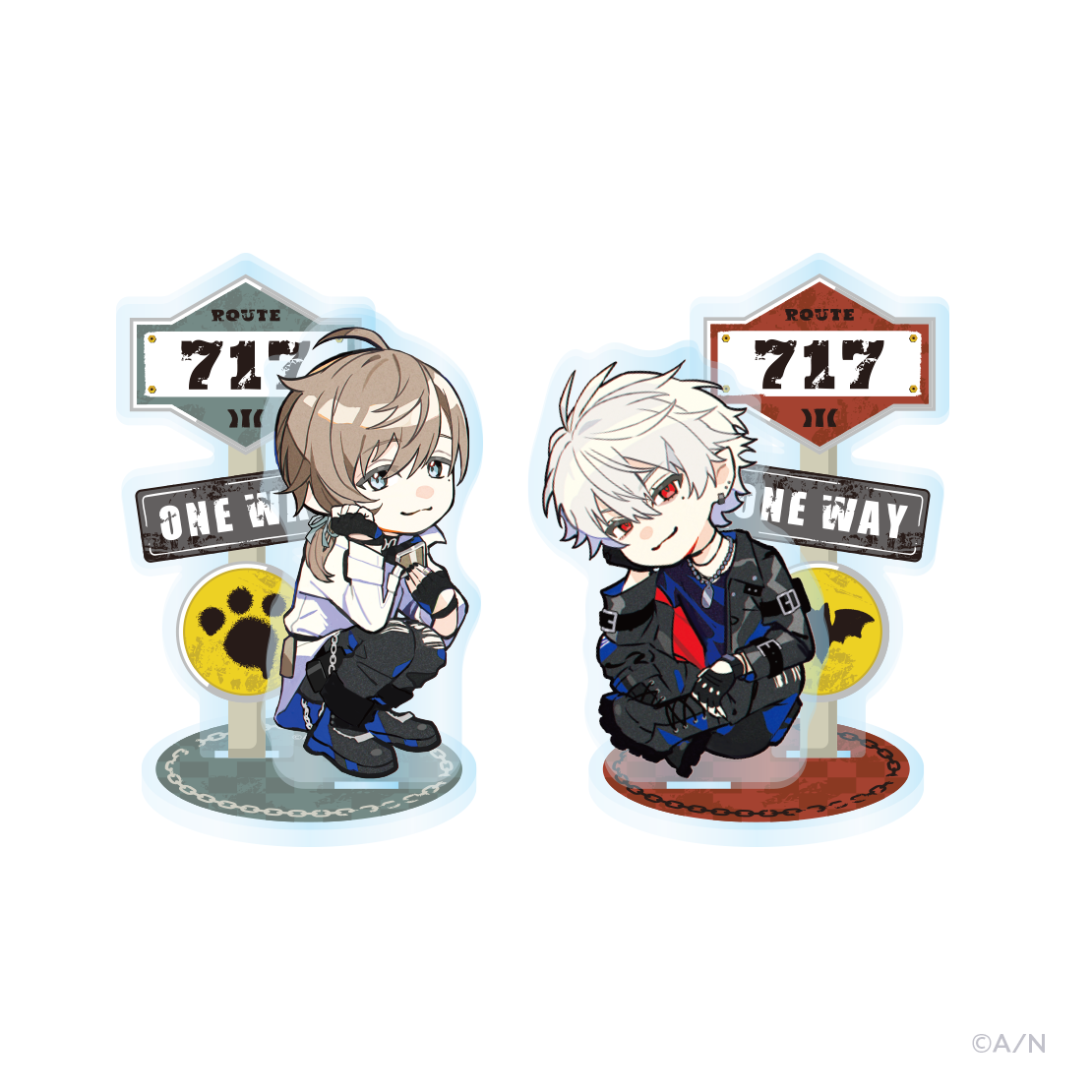 Two acrylic mini-character stands showing chibi characters with signpost backdrops.