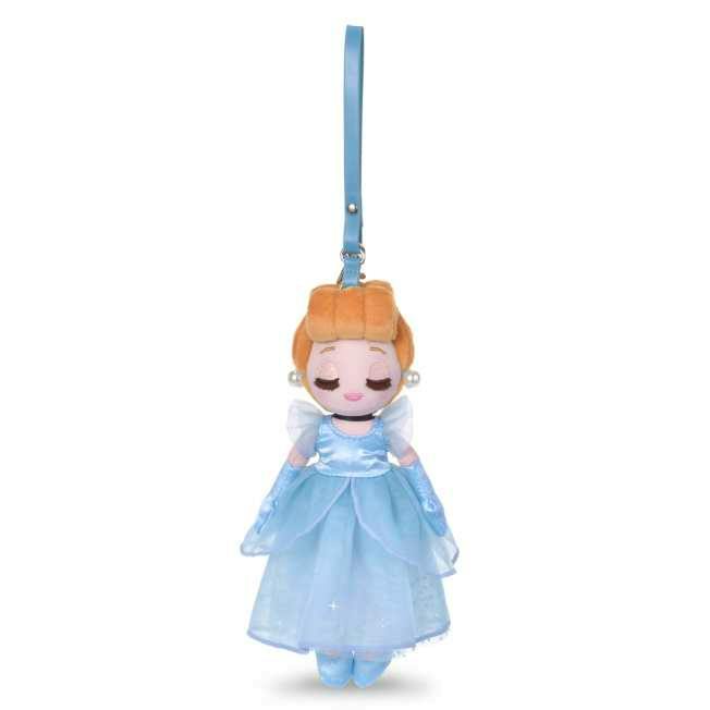 A front-facing Cinderella plush keychain wearing a blue gown and attached to a blue hanging strap.