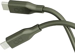 Close-up of a moss green USB-C to Lightning soft silicone charging cable showing both connector ends.