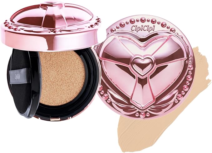 Pink decorative cushion compact for CipiCipi 02 Fitted Skin Cushion foundation shown open with cushion sponge, closed lid, and a foundation swatch.