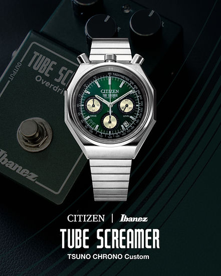 A CITIZEN × Ibanez collaboration chronograph watch with a green dial and metal bracelet displayed on top of a guitar effects pedal.