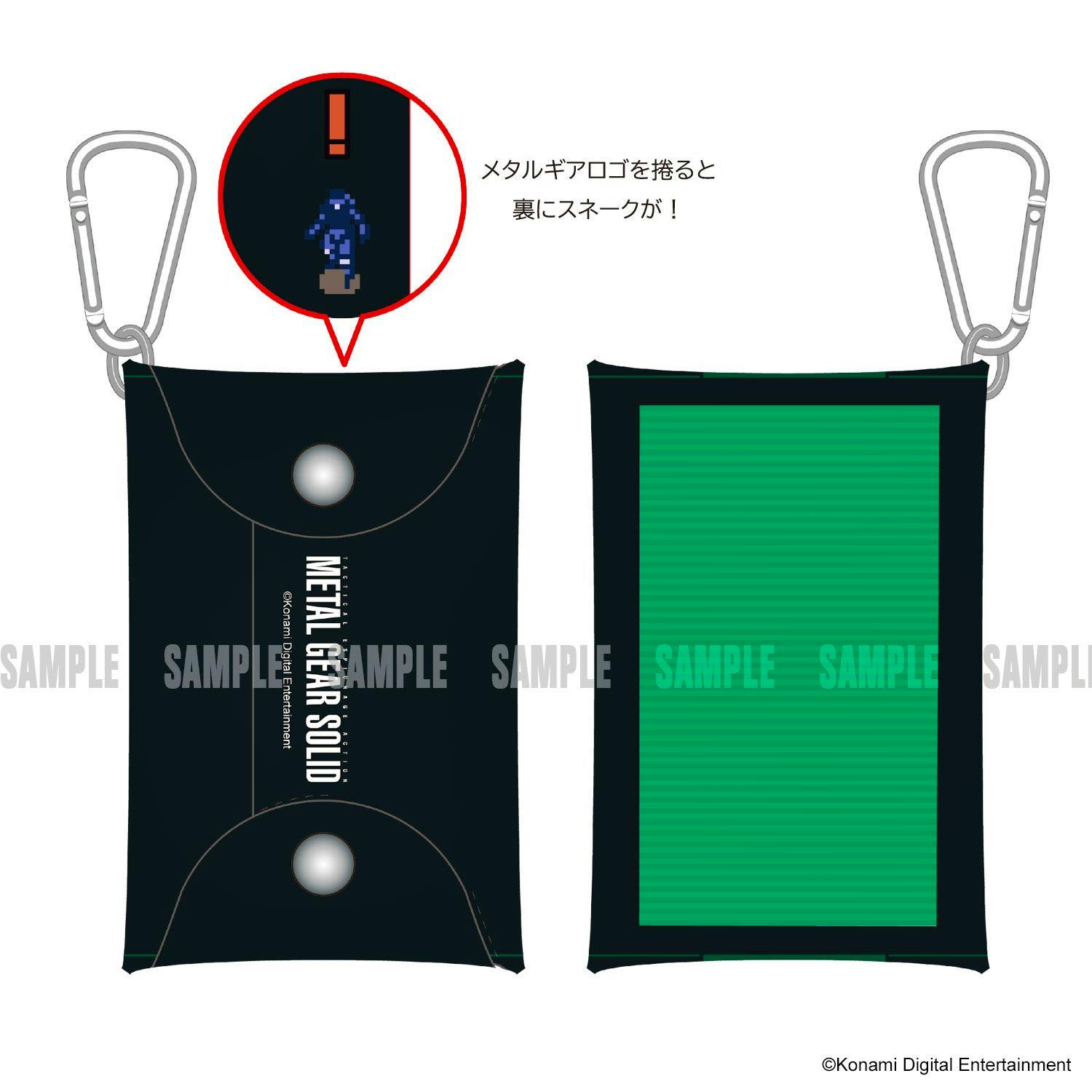 Illustrated front and back views of the PVC leather card case showing a black exterior with snap closures, a green interior window, and attached carabiner clips.