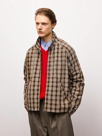 Male model wearing the men's cotton-woven zip-up blouson jacket in a checked pattern.