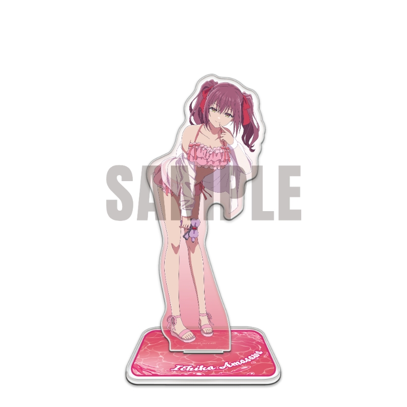 An acrylic stand of the character 天沢 一夏 in a pink swimsuit on a pink base, shown with a 'SAMPLE' watermark.