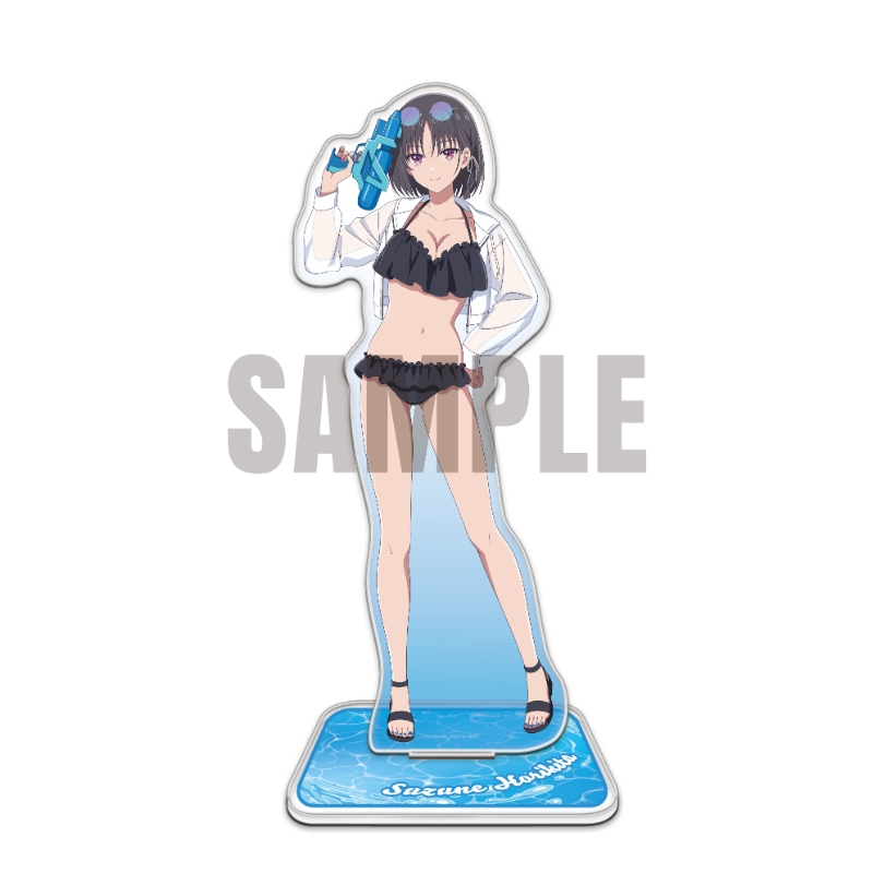 Acrylic stand pop of Horikita Suzune in a black swimsuit on a blue base, shown with a SAMPLE watermark.