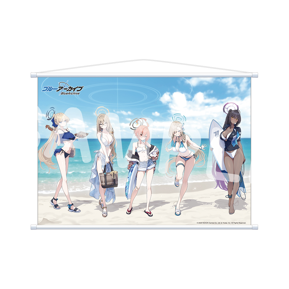 B2 tapestry depicting five illustrated female characters in swimsuits on a beach with surfboards.