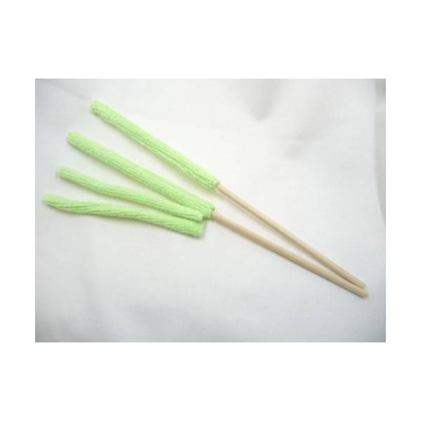 Two wooden-handled cleaning brushes with green microfiber covers on a white background.