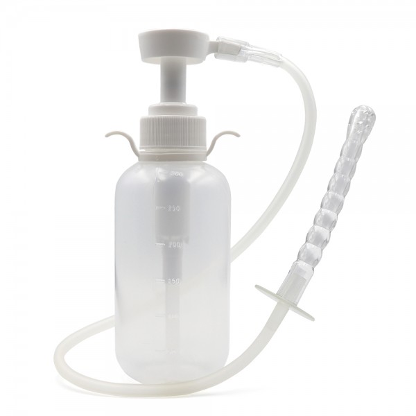 Plastic 300ml cleansing pump bottle with a white pump, graduated markings, clear tubing, and a textured insertion probe.