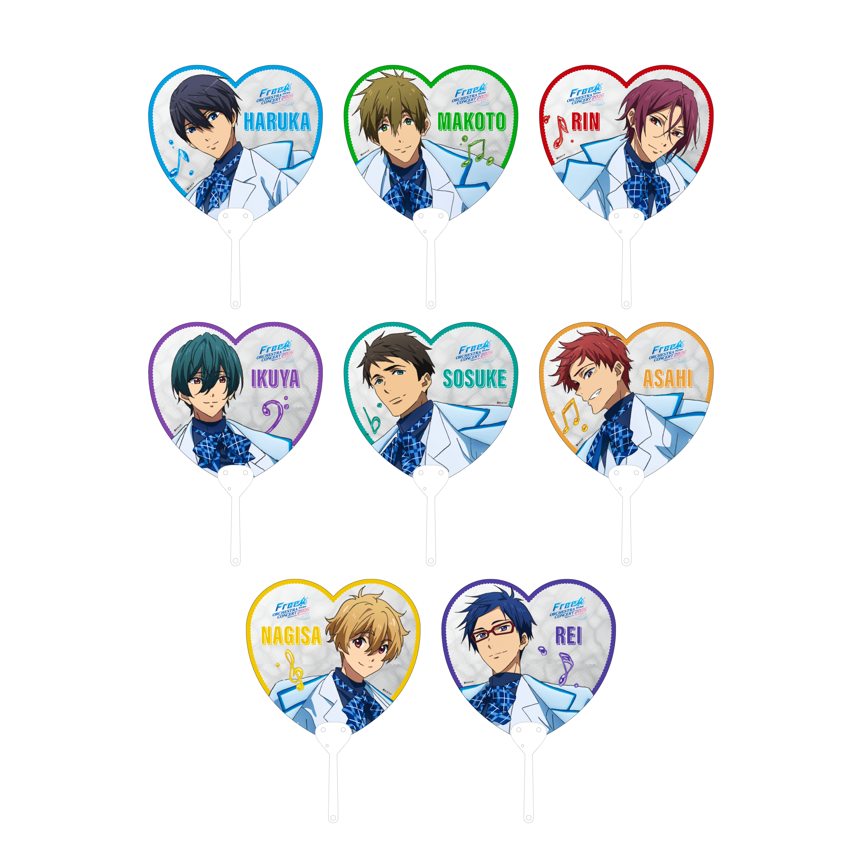 Heart-shaped clear plastic fans printed with headshot illustrations and character names from the Free! Series ORCHESTRA CONCERT 2026 collection.
