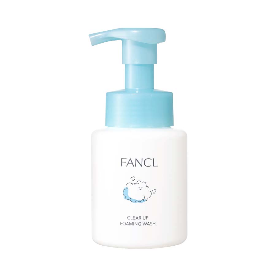 A white pump bottle of FANCL Clear Up Foaming Wash with a light blue pump and a small cloud illustration on the label.