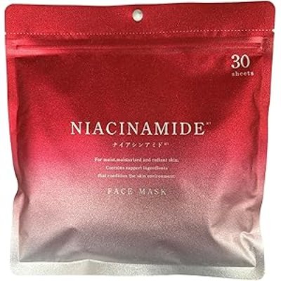 Front of a red-to-silver Cloisters niacinamide face mask pouch showing “Niacinamide” and “30 sheets.”