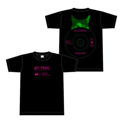 Front and back mockup of a black T-shirt showing magenta text and logos on the front and a green cat graphic with circular design on the back.