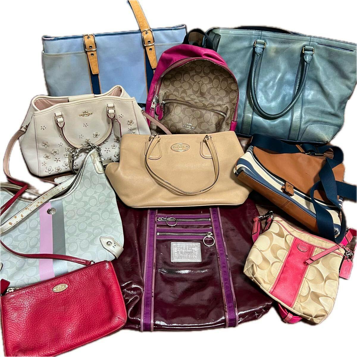 Multiple COACH bags from the listed set arranged on a white background, showing various tote, shoulder, and crossbody styles.