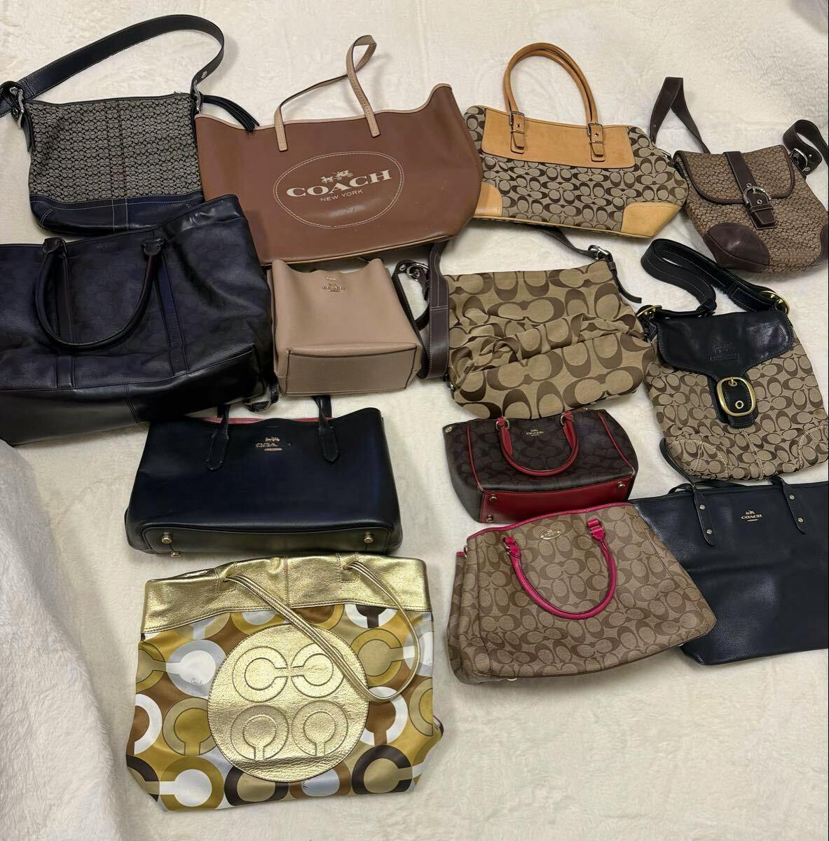 A collection of COACH handbags, totes, and shoulder bags in various colors and signature patterns laid out on a light background.