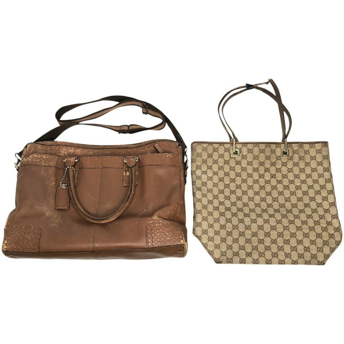Two used branded bags on a white background: a brown Coach 2WAY business bag at left and a beige Gucci GG canvas tote bag at right.