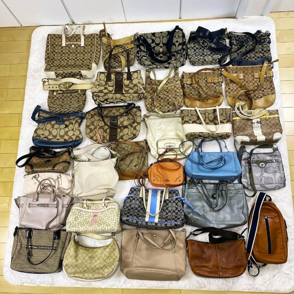Overhead photo showing multiple Coach bags of various styles and colors arranged on a white surface.
