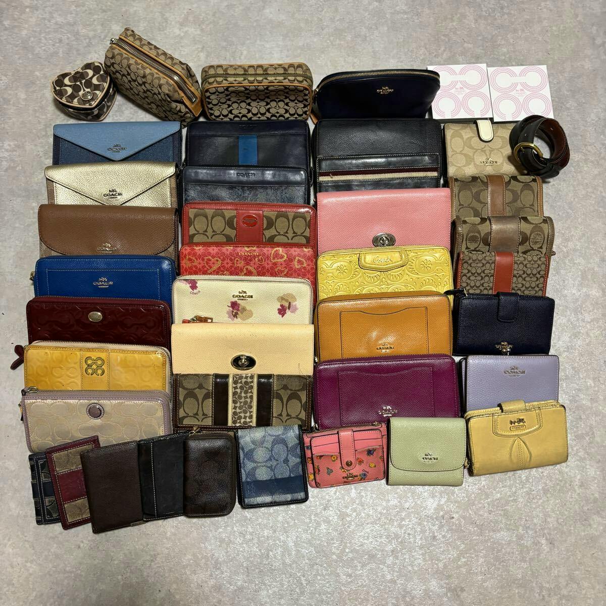 Multiple Coach wallets and small leather goods arranged on a light surface showing front views of the items.