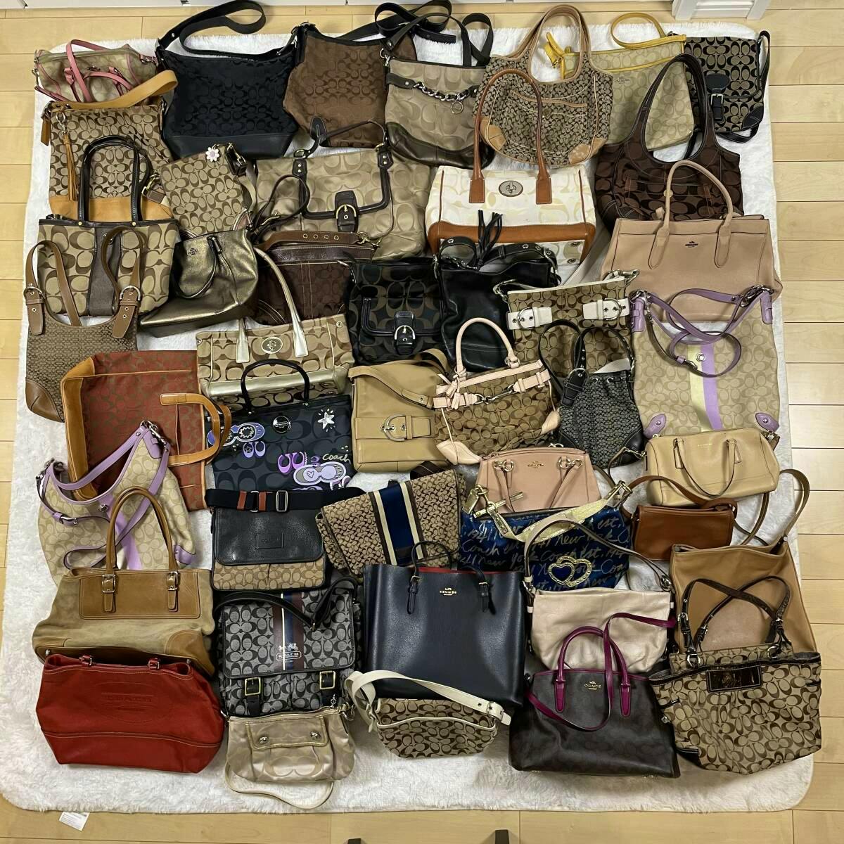 Many COACH bags and purses arranged on a floor, showing various signature canvas and leather styles.