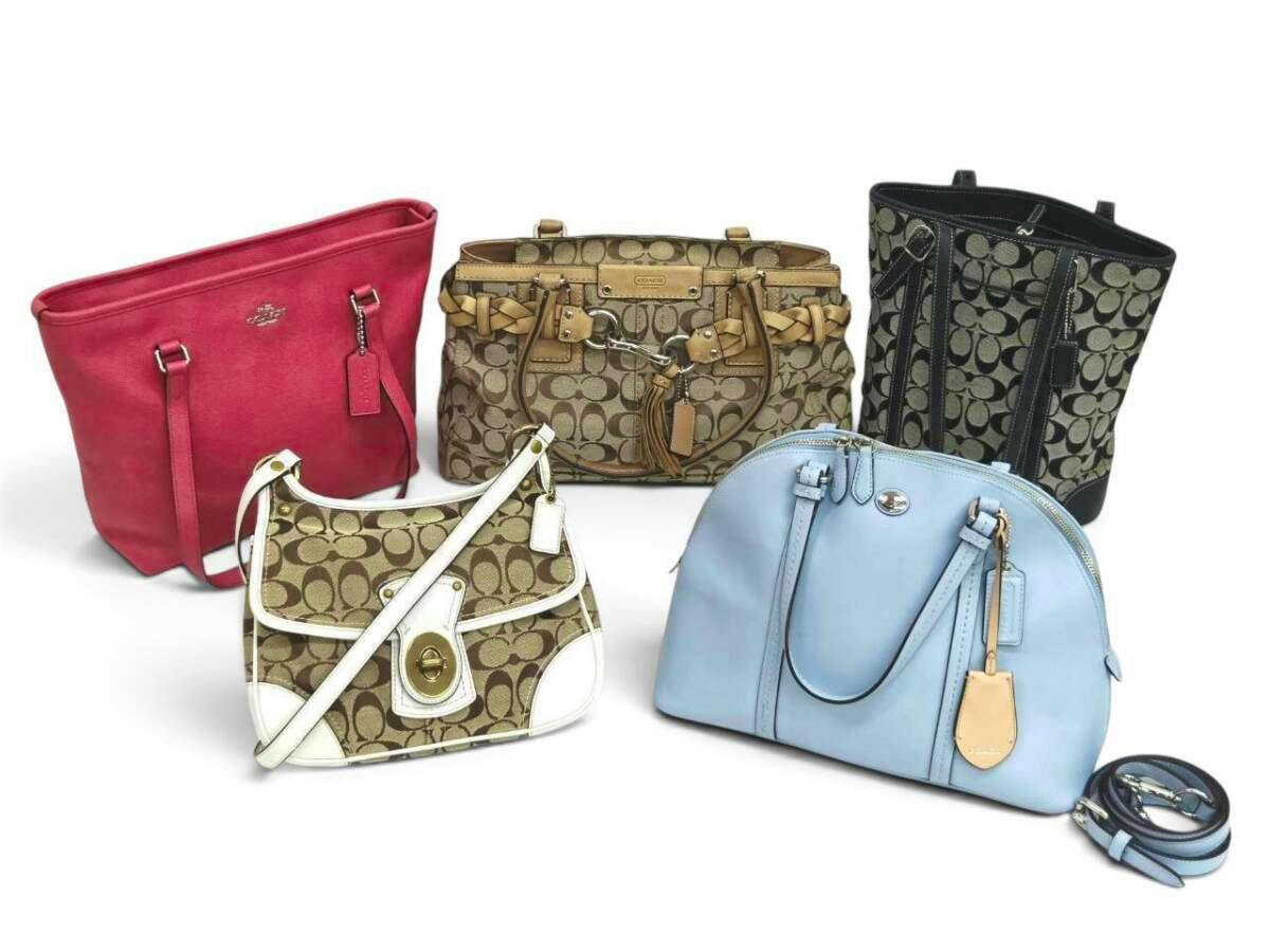 A group photo of five COACH handbags arranged on a white background.