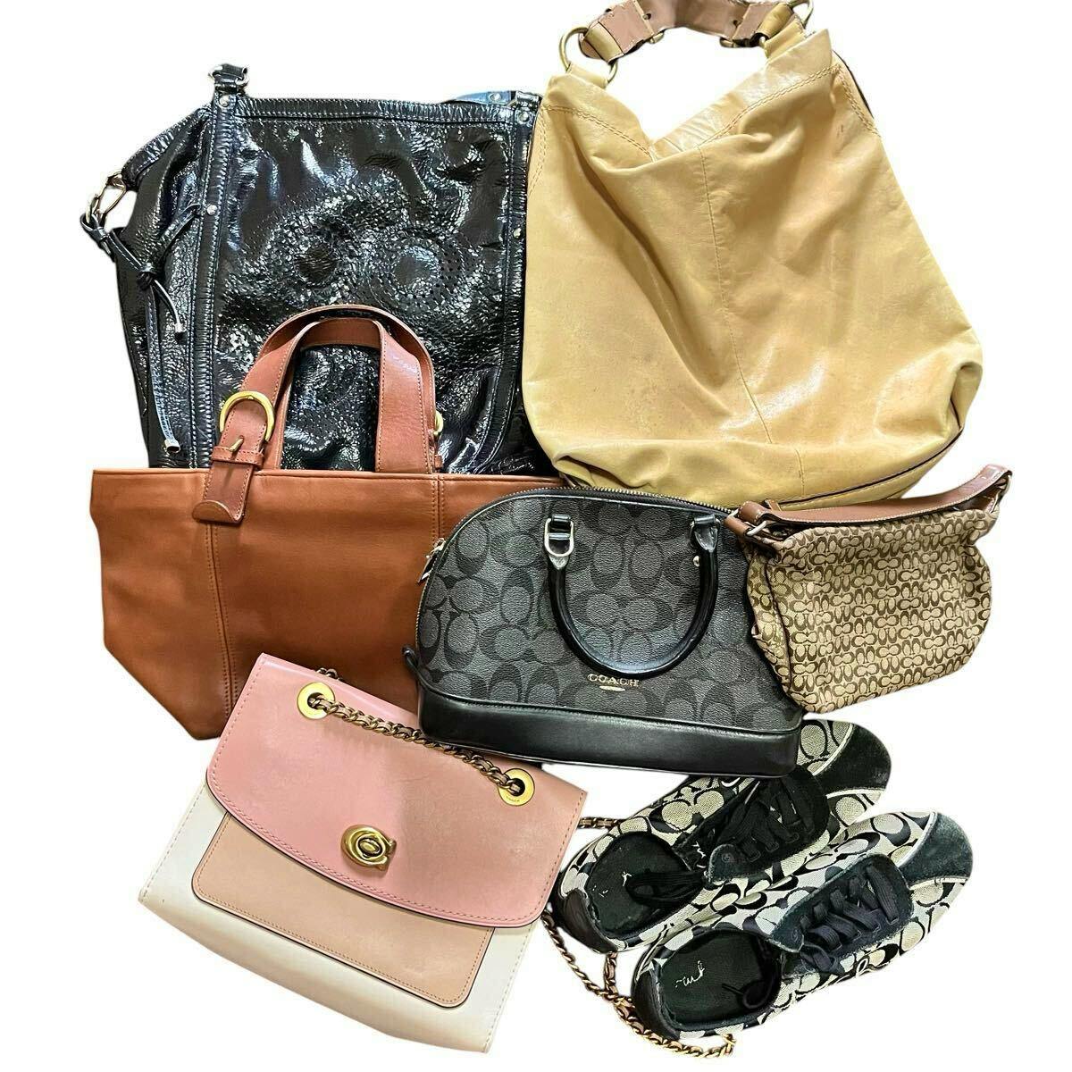Assorted COACH handbags, a small pouch, and a pair of COACH shoes arranged on a white background.