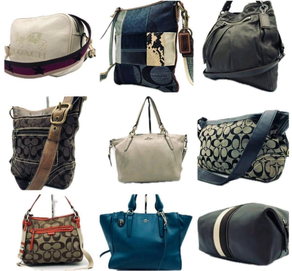 A 3x3 collage showing nine Coach bags and purses of various styles, colors, and materials.